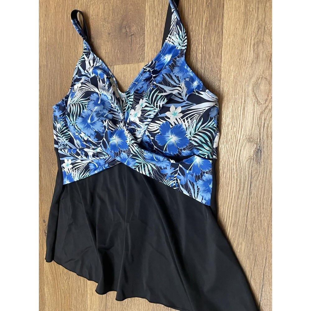 Septangle Tropical Floral Swim Dress One Piece Swimsuit Blue Black Hibiscus 18W